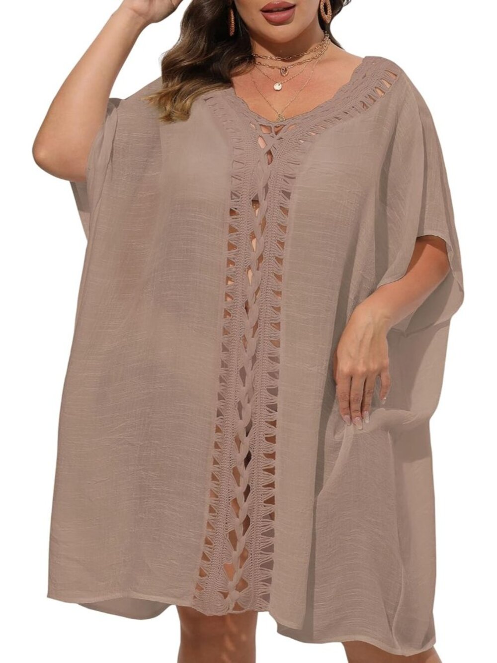 〽️Women's Swim Suit Coverups Khaki Polyester Summer Loose Crochet Beach Dress